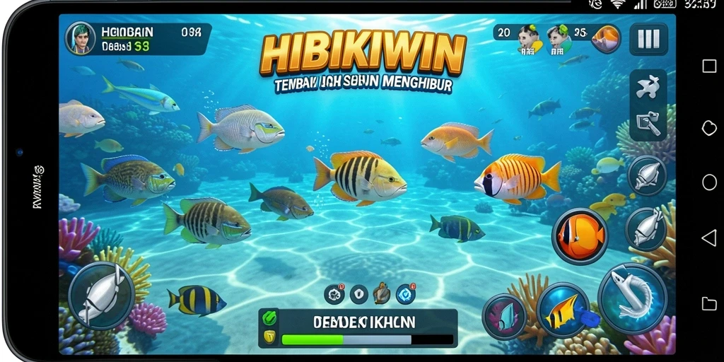 Gameplay seru dalam HIBIKIWIN dengan tembak ikan yang berwarna-warni.