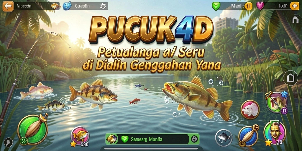Gameplay PUCUK4D menampilkan aksi memancing yang seru dan menyenangkan.