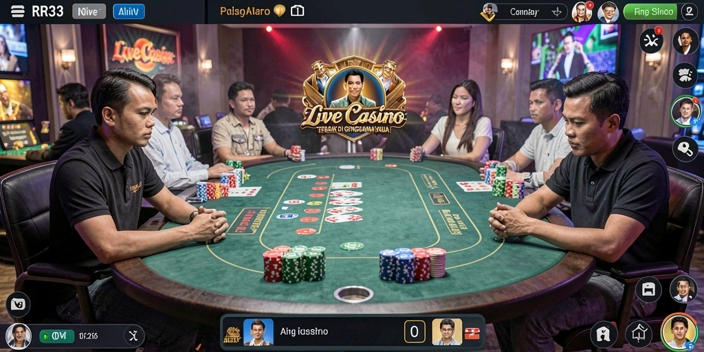 Screenshot gameplay RR33 menampilkan dealer langsung yang berinteraksi dengan pemain.