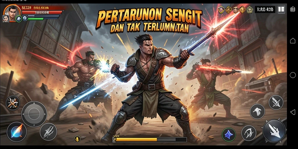 Tampilan layar pertarungan seru dalam SE328 dengan karakter beraksi.