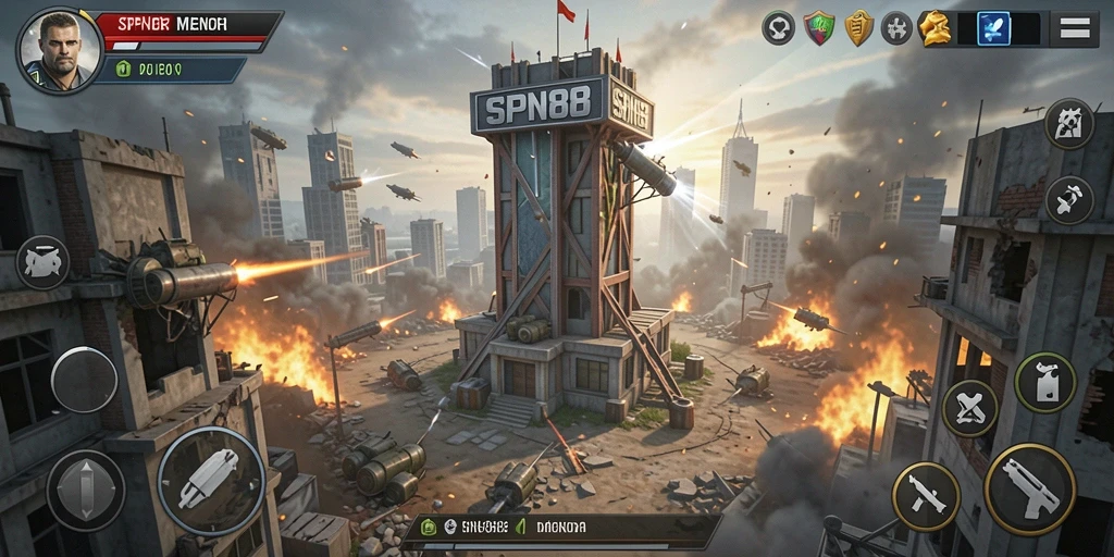 Screenshot gameplay SPN88 menampilkan aksi pertempuran Tower Defense yang menegangkan.