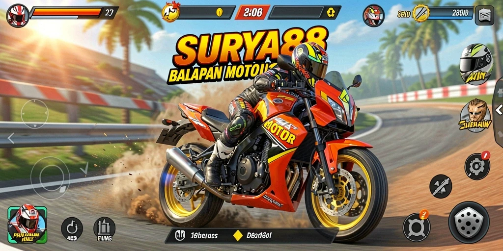 Tampilan gameplay menegangkan dalam SURYA88, balapan motor yang seru.