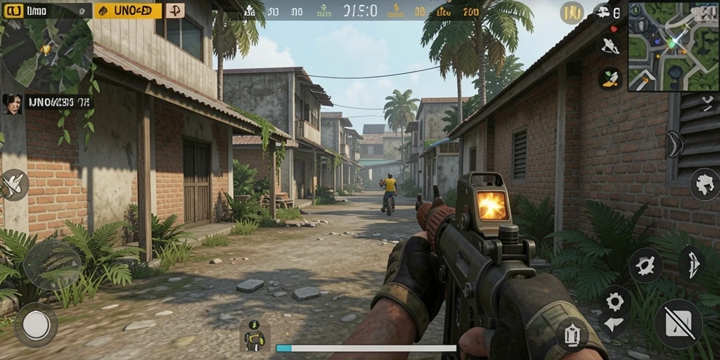 Tampilan gameplay mendebarkan di dalam UNO4D dengan aksi tembak-tembakan intens.